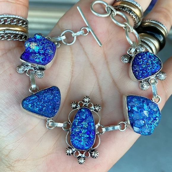 925 Sterling silver blue druzy quartz bracelet - Picture 5 of 9